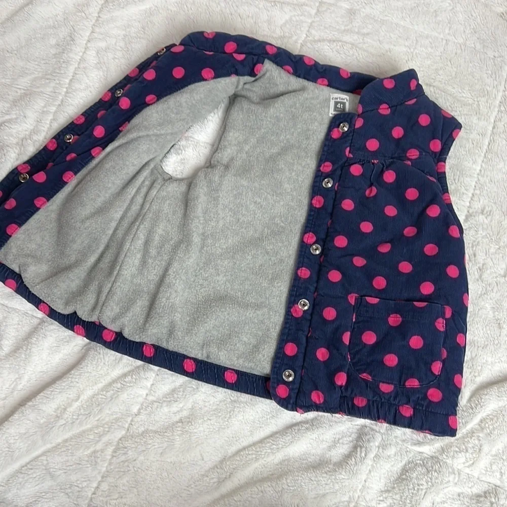 Carter's Girl’s Navy and Pink Polka Dot Corduroy Fleece Lined Puffy Vest - Sz 4t